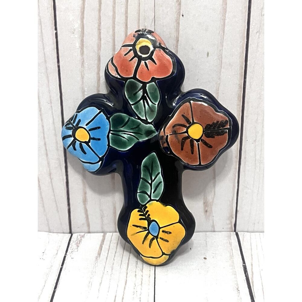Mexico Talavera Rustic Pottery Cross 6" x 4.5” Wall Hanging Colorful Flowers